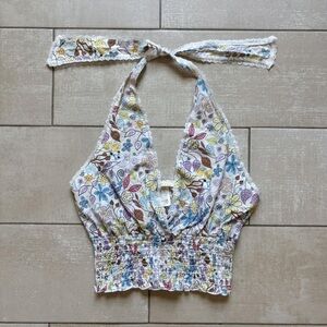Charlotte Russe White Floral Halter Smocked Crop Top with Multicolor Print